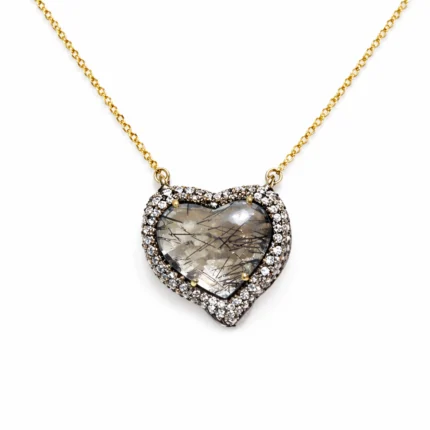 Rutil Kuvars ve Pırlanta Detaylı Kalp Altın Kolye