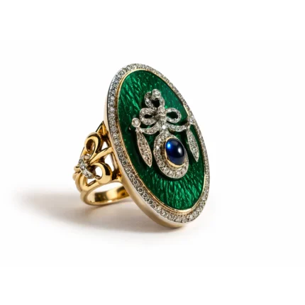 Safir Taşlı ve Pırlanta Detaylı Yeşil Mineli Altın Yüzük
