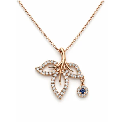 Safir ve Pırlanta Taşlı Yaprak Motifli Altın Kolye