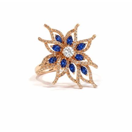 Safir ve Pırlanta taşlı çiçek form yüzük