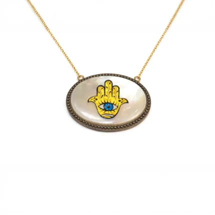 Sedef Üzerine Altın Fatima Ana Eli ve Nazar Göz Kolye