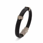Siyah Örgü Deri ve Gümüş Detaylı Erkek Bileklik