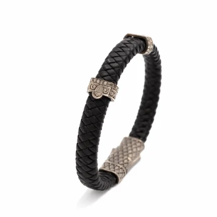 Siyah Örgü Deri ve Gümüş Detaylı Erkek Bileklik