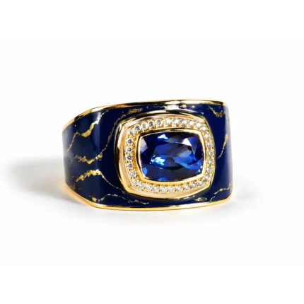 Tanzanit ve pırlanta taşlı mavi mine detaylı altın yüzük