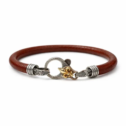 Tarçın Rengi Deri ve Altın Detaylı Fleur de Lis Kilit Bileklik