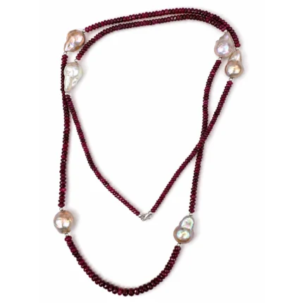 Yakut Taşlı & Barok İnci Detaylı Uzun Kolye