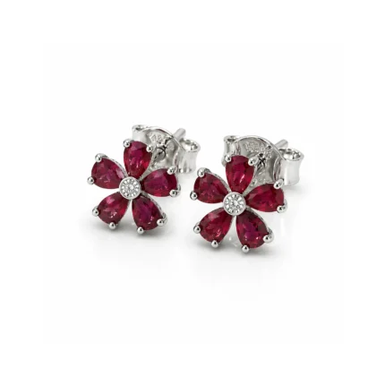 Yakut ve Pırlanta Taşlı Çiçek Formlu Beyaz Altın Küpe