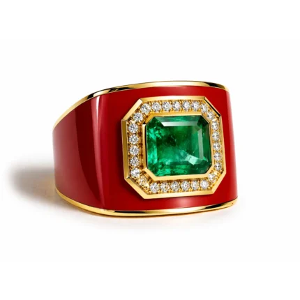 Zümrüt Taşlı Kırmızı Mine Detaylı Altın Yüzük