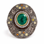 Zümrüt Taşlı Pırlanta İşlemeli Vintage Yüzük