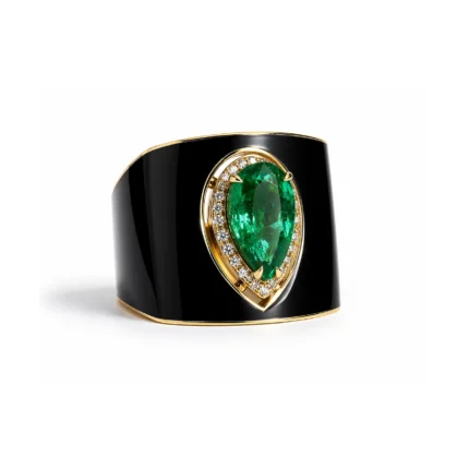 Zümrüt ve Pırlanta Altın Yüzük – Siyah Mineli Geniş Form Tasarım