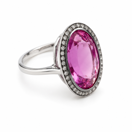Pembe Topaz ve Pırlanta Detaylı Beyaz Altın Yüzük