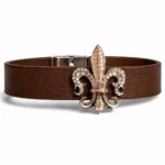 Pırlantalı Fleur De Lis Detaylı Kahverengi Deri  Bileklik