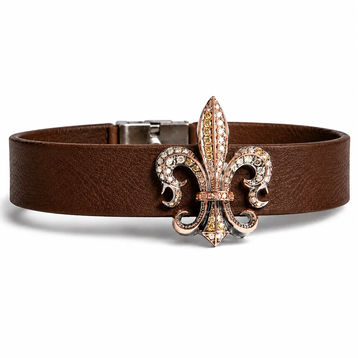 Pırlantalı Fleur De Lis Detaylı Kahverengi Deri Bileklik Pırlantalı Fleur De Lis Detaylı Kahverengi Deri Bileklik - Görsel 1