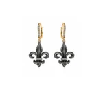 Fleur De Lis Okside Gümüş, Altın ve Doğal Pırlantalı Küpe