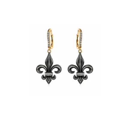 Fleur De Lis Okside Gümüş, Altın ve Doğal Pırlantalı Küpe