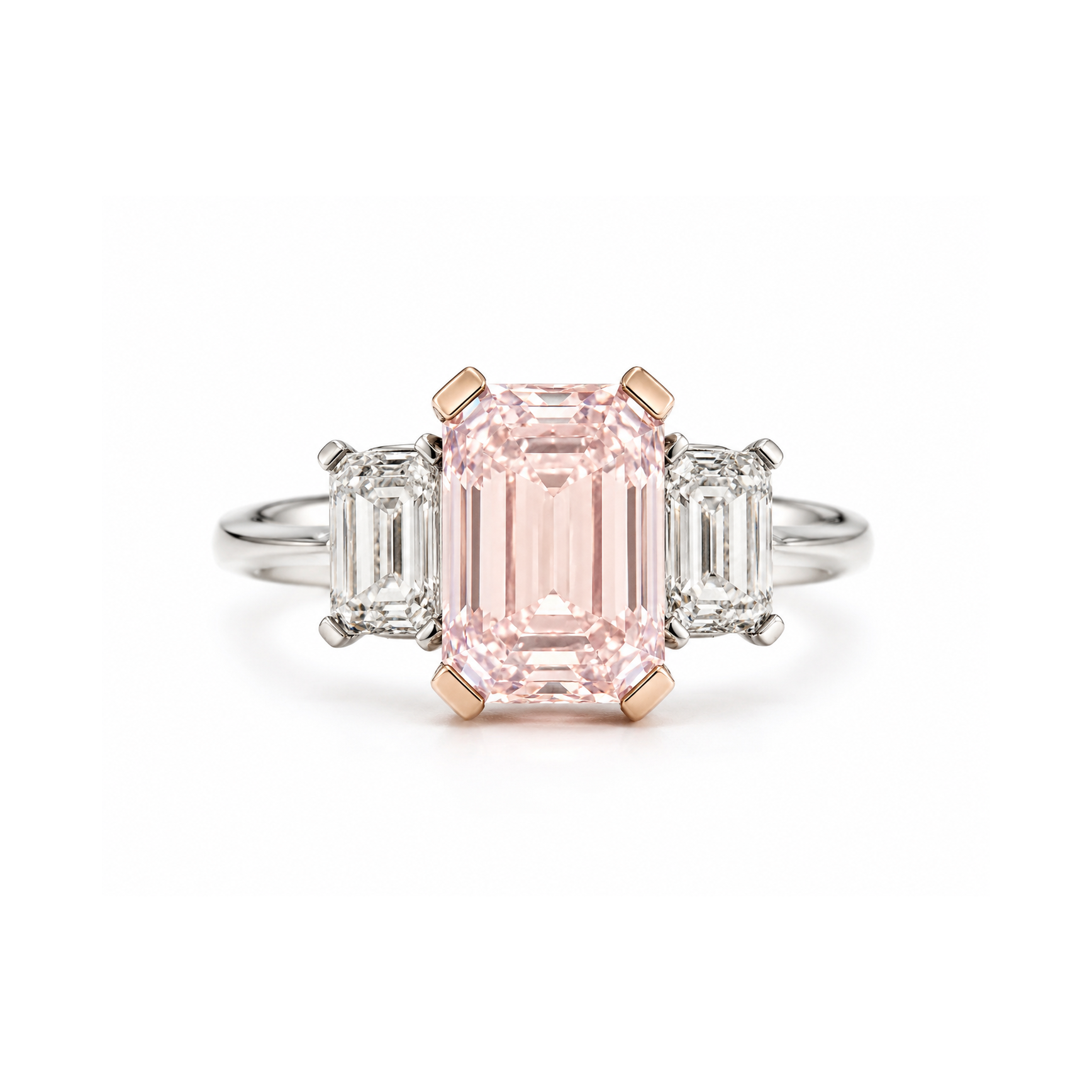 Pembe Lab Diamond ve Emerald Kesim Yan Taşlı Üç Taş Yüzük Pembe Lab Diamond ve Zümtür Kesim Yan Taşlı Üç Taş Yüzük - Görsel 1