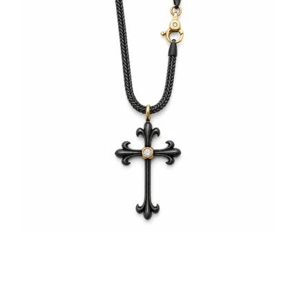 Pırlantalı Okside Gümüş Fleur De Lis Haç Kolye