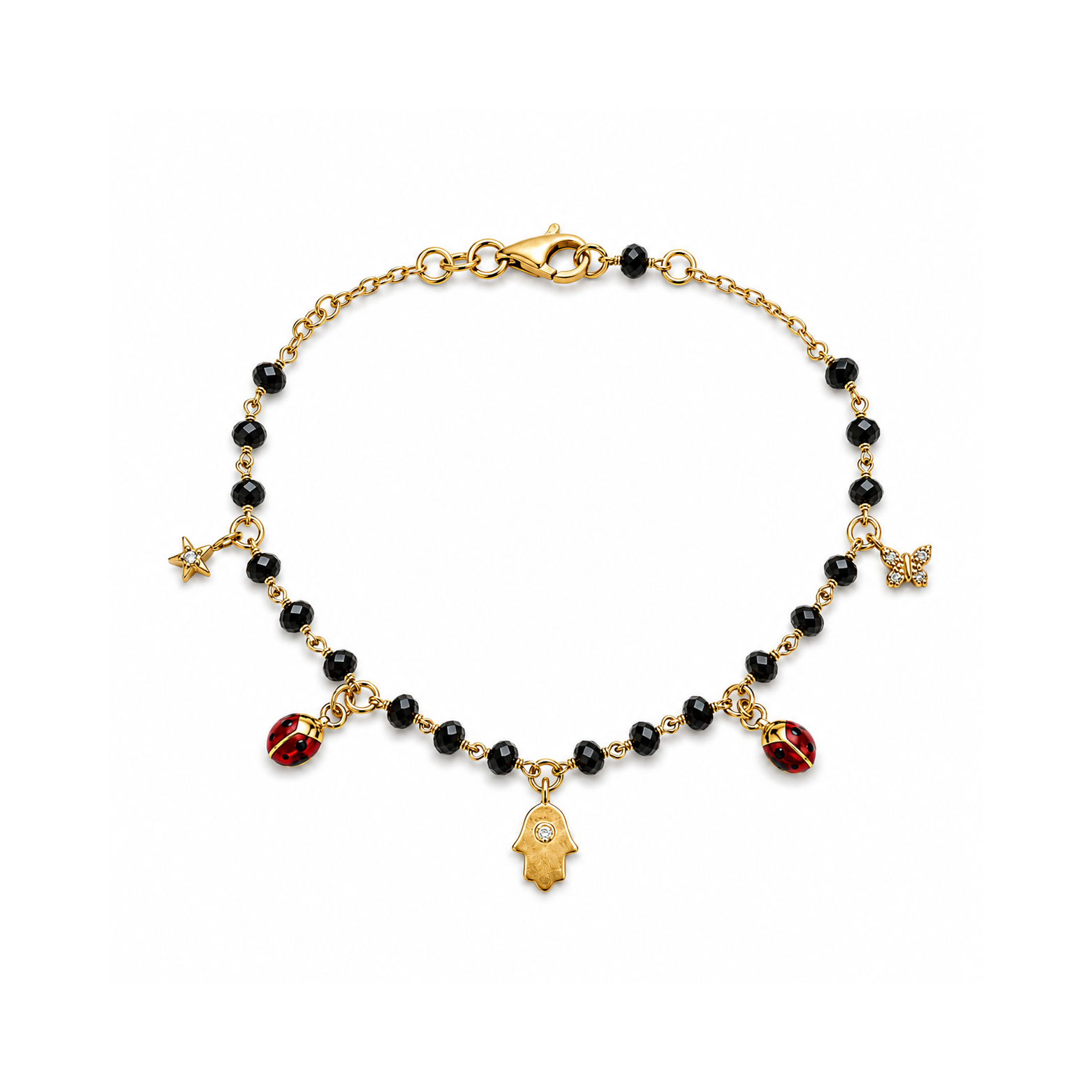 Siyah Spinel ve Doğal Pırlantalı Uğur Böceği Kelebek ve Fatma Ana Eli Detaylı Altın Charm Bileklik Siyah Spinel ve Doğal Pırlantalı Uğur Böceği Kelebek ve Fatma Ana Eli Detaylı Altın Charm Bileklik - Görsel 1