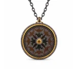 Pırlantalı Mandala Motifli Okside Gümüş ve Altın Detaylı Kolye