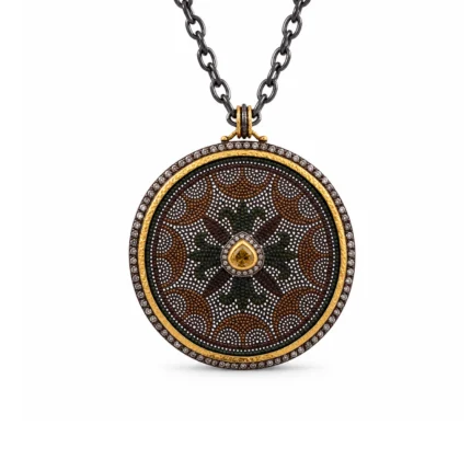Pırlantalı Mandala Motifli Okside Gümüş ve Altın Detaylı Kolye