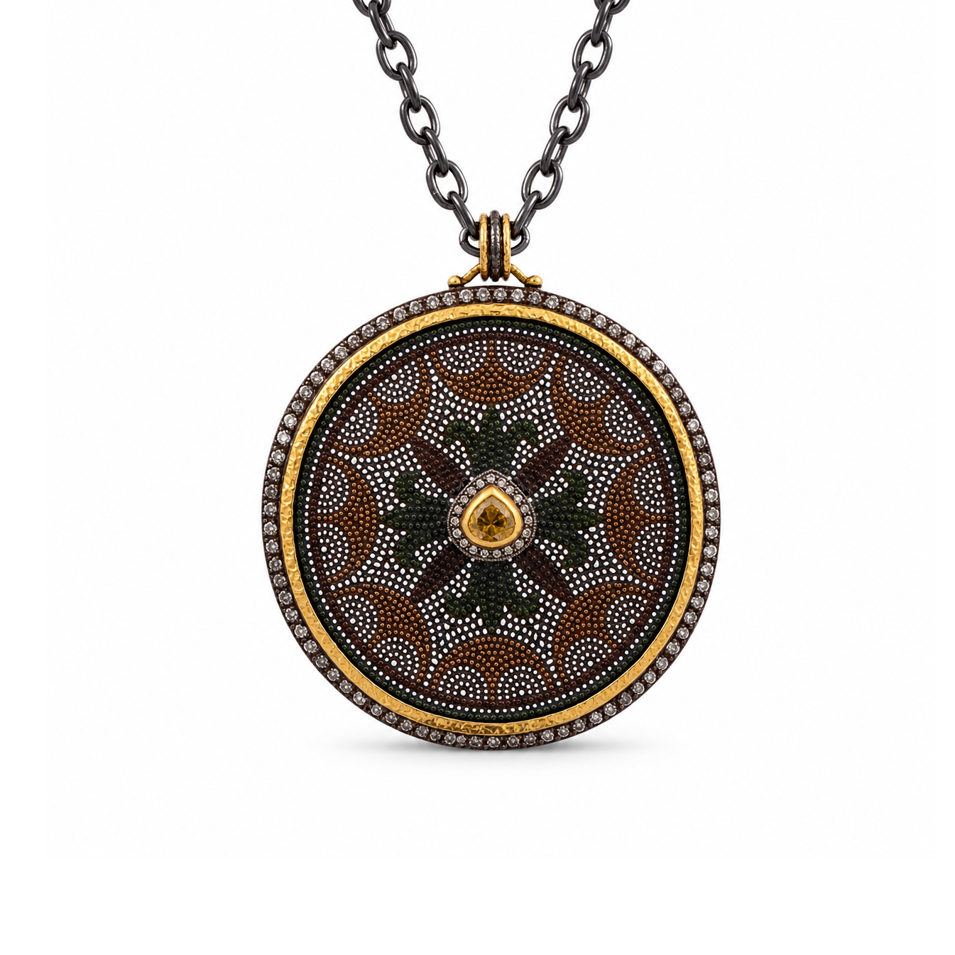 Pırlantalı Mandala Motifli Okside Gümüş ve Altın Detaylı Kolye Pırlantalı Mandala Motifli Okside Gümüş ve Altın Detaylı Kolye - Görsel 1