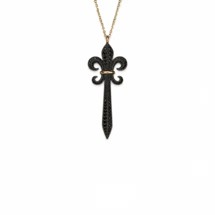 Siyah Pırlantalı Fleur de Lis Motifli Gümüş ve Altın Detaylı Özel Tasarım Kolye