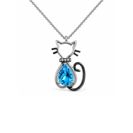Blue Topaz ve Pırlantalı Kedi Kolye