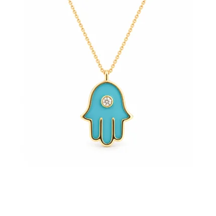 Bodrum Mavisi Mine ve Pırlantalı Altın Hamsa Kolye
