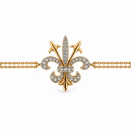 Pırlantalı Fleur de Lis Motifli Çift Zincir Altın Bileklik