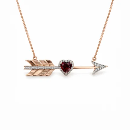 Garnet ve Pırlantalı Kalp Ok Motifli Rose Gold Kolye