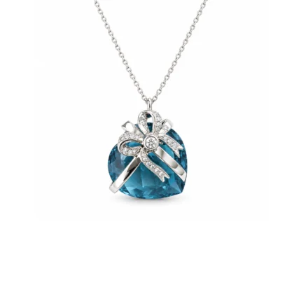 London Blue Topaz ve Pırlantalı Kurdele Motifli Beyaz Altın Kolye