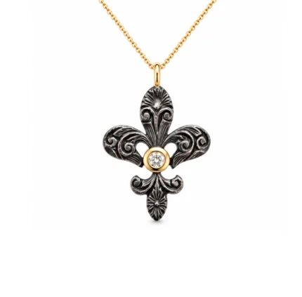 Pırlantalı Okside Gümüş ve Altın Fleur de Lis Kolye