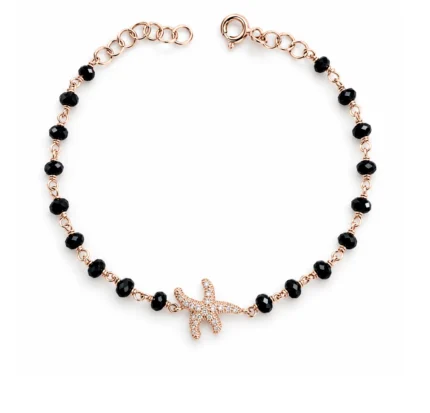 Pırlantalı Deniz Yıldızı Rose Gold Siyah Spinel Taşlı Bileklik