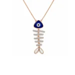 Pırlantalı Mavi Göz Motifli Sedef Detaylı Rose Gold Balık Kılçığı Kolye