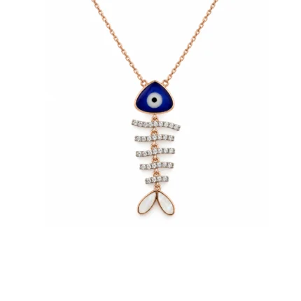 Pırlantalı Mavi Göz Motifli Sedef Detaylı Rose Gold Balık Kılçığı Kolye